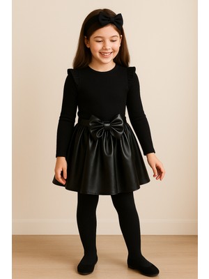 Özge Başaran deri Etek Siyah Badi ve Diz Altı Siyah Fiyonklu Çorap Takım 3 Lü Set