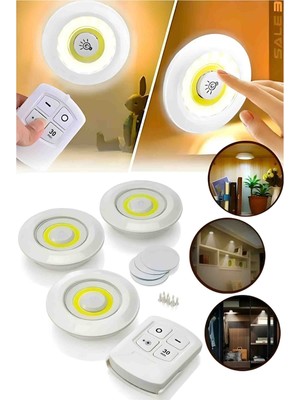 Uzaktan Kumandalı Yapışkanlı LED Lamba 3’lü Set Kablosuz Pilli Işık Ayarlanabilir Pratik Gece Lambası