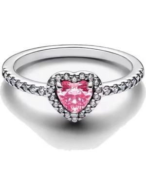 Gümüş Pembe Taşlı Kalp Yüzük