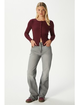 Ritnice Young Cool Düğmeli Uzun Kollu Bordo Bluz Pamuk Bisiklet Yaka Dar Kalıp Modern Stil