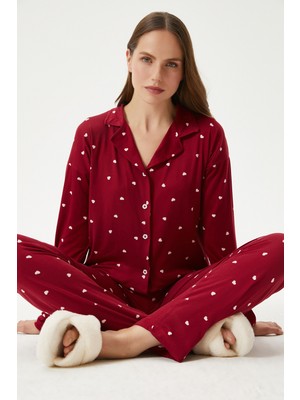 Kadın Sweety Extra Soft Bordo Kalpli Pijama Takımı