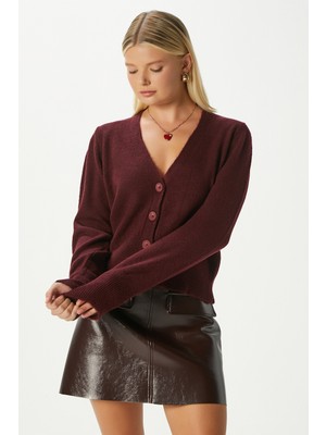Ritnice Kadın Bordo V Yaka Bold Yumuşak Doku Triko Hırka Uzun Kollu Düz Desenli Örgü Kumaş 70148