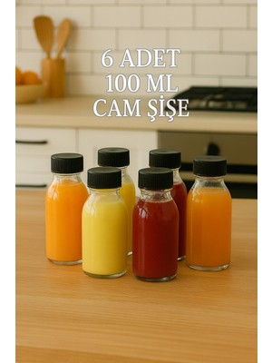 6 Adet 100 ml Kilitli Siyah Kapaklı Şeffaf Detox Shot Şişesi 100 cc Ginger Şat Beyaz Cam Şişe