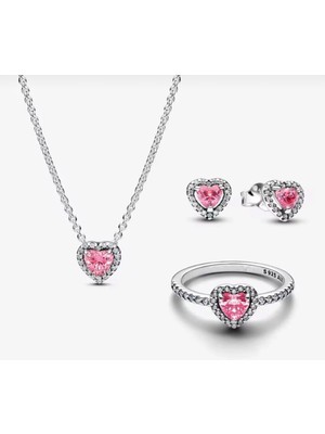 Gümüş Pembe Kalp Taşlı Kolye,küpe,yüzük Seti
