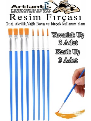 Resim Fırçası Kesik ve Yuvarlak Uçlu 8 Adet Sentetik Fırça Ekonomik Suluboya Akrilik Boya Guaj Boya Yağlı Boya Resim