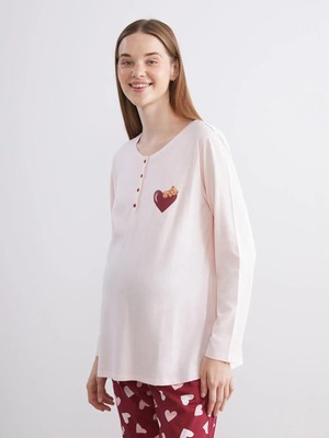 Bisiklet Yaka Baskılı Hamile Pijama Takımı  (W5)