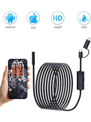 Endoskop Yılan Video Kamera Ios ve Android Uyumlu Led’li 10 Metre 8 mm Sert Kablo 2mp - Lisinya