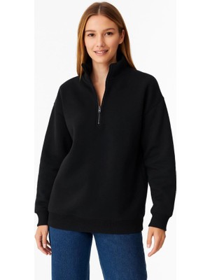 Üç Iplik Dık Yaka Yarım Fermuarlı Sweatshirt - Siyah