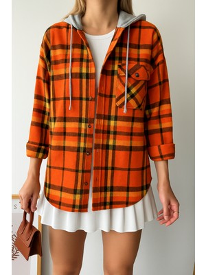 Kadın Desenli Renkli Oduncu Oversize Bol ve Geniş Kalıp Casual Çift Kapüşonlu Ceket Gömlek