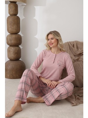 Lindros Kadın Pamuk'lu Düğme Yaka Raporlu Interlok Kışlık Pijama Takımı 0108 - 1 Adet
