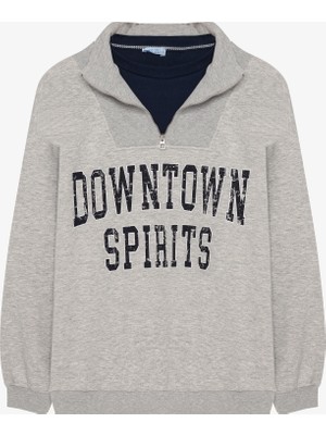 Fermuar Yaka Yazı Baskılı Oversize Sweatshirt Grimelanj