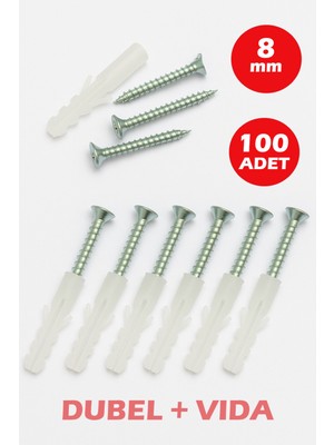 8mm Plastik Dübel + Vida Seti 100 Adet Dübel Tr