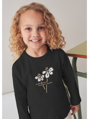 Mayoral Kız Çocuk Çiçek Işlemeli Uzun Kollu Siyah Tişört 00178