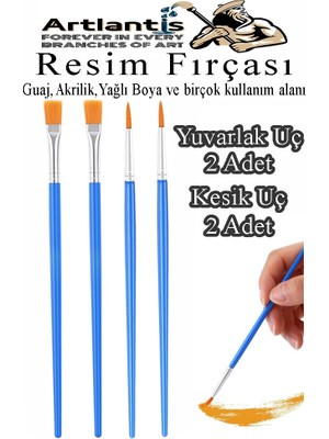 Resim Fırçası Kesik ve Yuvarlak Uçlu 4 Adet Sentetik Fırça Ekonomik Suluboya Akrilik Boya Guaj Boya Yağlı Boya Resim