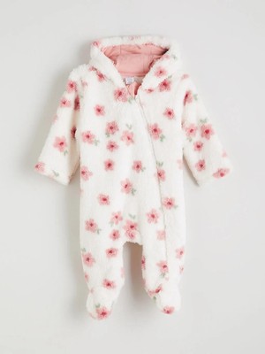 Kapüşonlu Çiçekli Pelüş Kız Bebek Tulum  (W5)