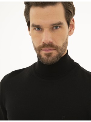 Pierre Cardin Erkek Siyah Slim Fit Balıkçı Yaka Yün Karışımlı Basic Triko Kazak 50227093-VR046