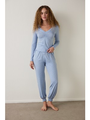 Açık Mavi Dreamy Puantiye Desenli V Yaka Uzun Kollu Pijama Takımı