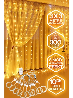3x3 Metre Usb'li 8 Animasyonlu Uzaktan Kumandalı Gün Işığı Peri Tel LED Perde - KG3X3