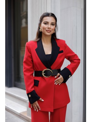 Gold Kemerli Garnili Kruvaze Takım Kırmızı