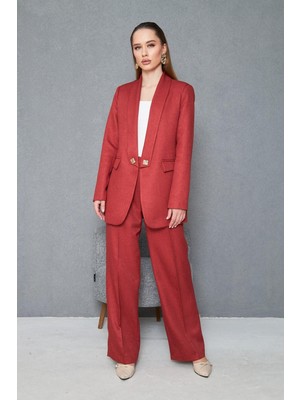 Kare Düğmeli Yünefekt Takım Kırmızı