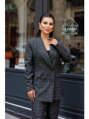 6 Düğmeli Kruvaze Ekose Takım Siyah