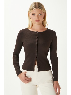 Ritnice Young Cool Kahverengi Düğmeli Uzun Kollu Bluz Pamuklu Bisiklet Yaka Dar Kalıp