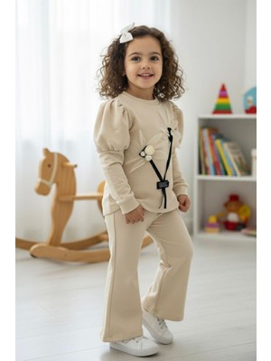 Miniğimin Cicileri Prenses Kol Detaylı Çiçekli Kız Çocuk 2 li takım - Krem