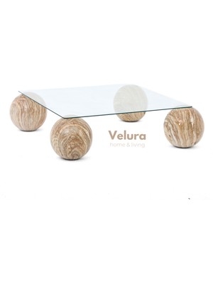 Modern Orta Sehpa & Küre Sehpa & Top Sehpa & Şeffaf Kare Cam & 4 Traverten Top