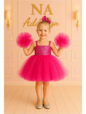 Fuşya Pul Payetli Tütü Elbise – Ponpon Kollu Özel Tasarım Dans & Parti Modeli