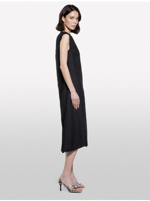 Sisley   %100 Keten Asimetrik Etekli Dikiş Detaylı Uzun Elbise