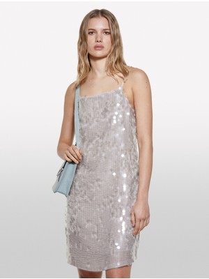 Sisley   Payetli Şifon Düz Yaka Askılı Kısa Elbise