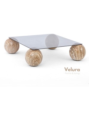 Modern Orta Sehpa & Küre Sehpa & Top Sehpa & Füme Kare Cam & 4 Traverten Top