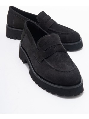 Vıonel Siyah Nubuk Hakiki Deri Kadın Loafer Ayakkabı