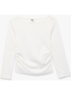 Büzgülü Kayık Yaka Uzun Kollu Pamuklu Tişört