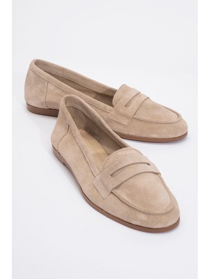 Tory Bej Süet Hakiki Deri Kadın Loafer Ayakkabı