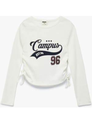 Pamuklu Uzun Kollu Büzgü Detaylı Bisiklet Yaka Crop Tişört