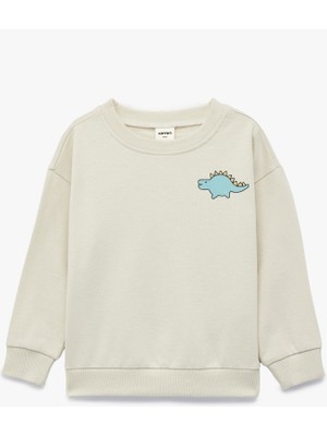 Uzun Kollu Bisiklet Yaka Dinozor Baskılı Pamuklu Sweatshirt