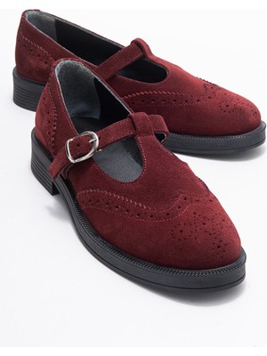 Janney Bordo Süet Hakiki Deri Bantlı Kadın Loafer Ayakkabı