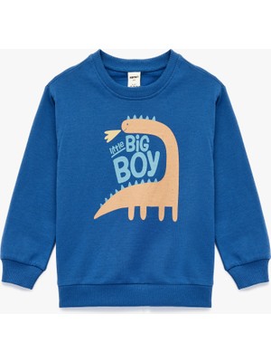 Pamuklu Dinozor Baskılı Uzun Kollu Bisiklet Yaka Şardonlu Sweatshirt