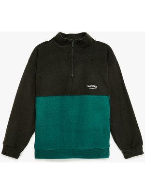 Dik Yaka Uzun Kollu Renk Bloklu Polar Sweatshirt