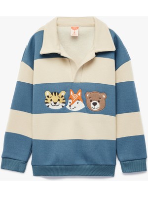 Uzun Kollu Hayvanlar Baskılı Polo Yaka Sweatshirt