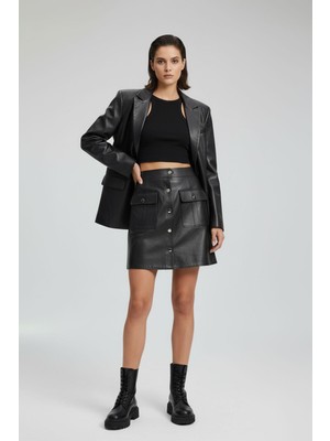 Siyah Düğmeli Cepli Hakiki Deri Etek