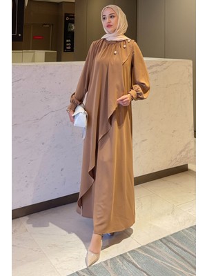 Krep Kumaş Yakası Inci Detaylı Levanur Elbise- Bisküvi