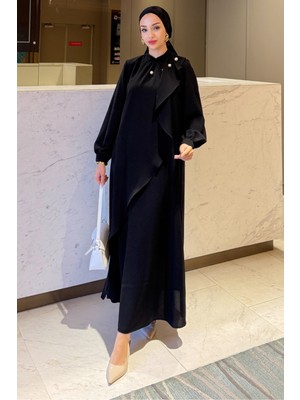 Krep Kumaş Yakası Inci Detaylı Levanur Elbise- Siyah