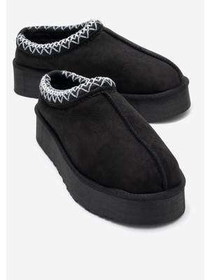 Avelıa Siyah Süet Hakiki Deri Dikişli Kadın Kalın Tabanlı Kışlık Terlik