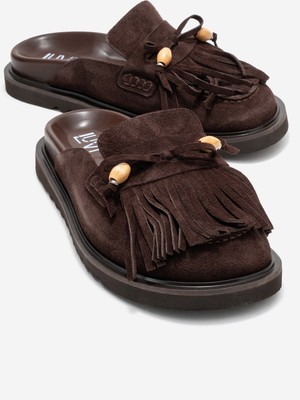 Carol Kahverengi Süet Püsküllü Hakiki Deri Kadın Burnu Kapalı Terlik