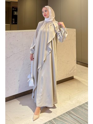 Krep Kumaş Yakası Inci Detaylı Levanur Elbise- Bej