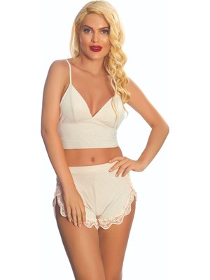 Ekru Lcralı Babydoll Şortlu Takım