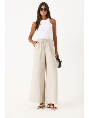 Gigi Yüksek Bel Wide Leg Müslin Pantolon-Taş