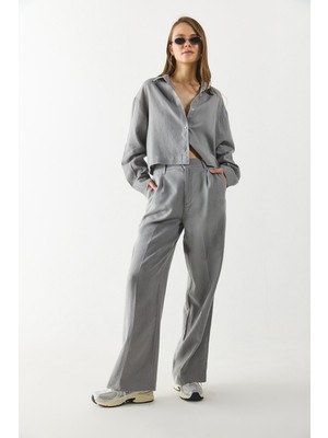 Chloe Wide Leg Keten Palazzo Pantolon-Gri